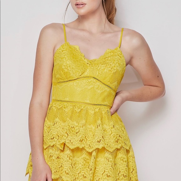 Teeze Me Yellow Lace Tiered Fit and Flare women’s Mini Dress - Picture 3 of 8